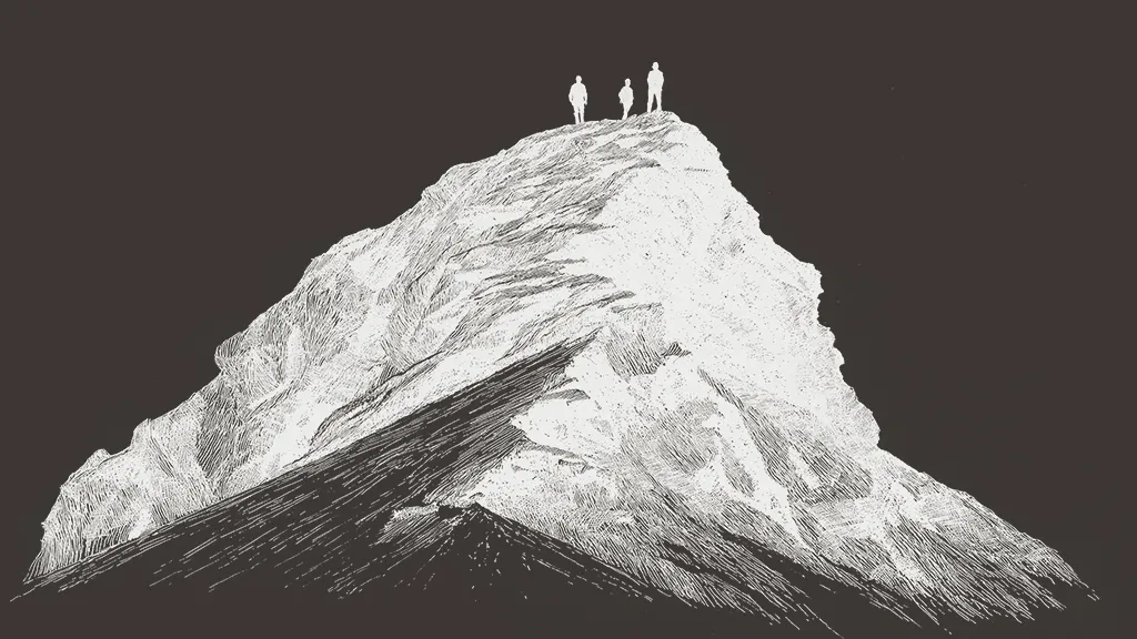 Illustration of two figures standing on a mountain summit